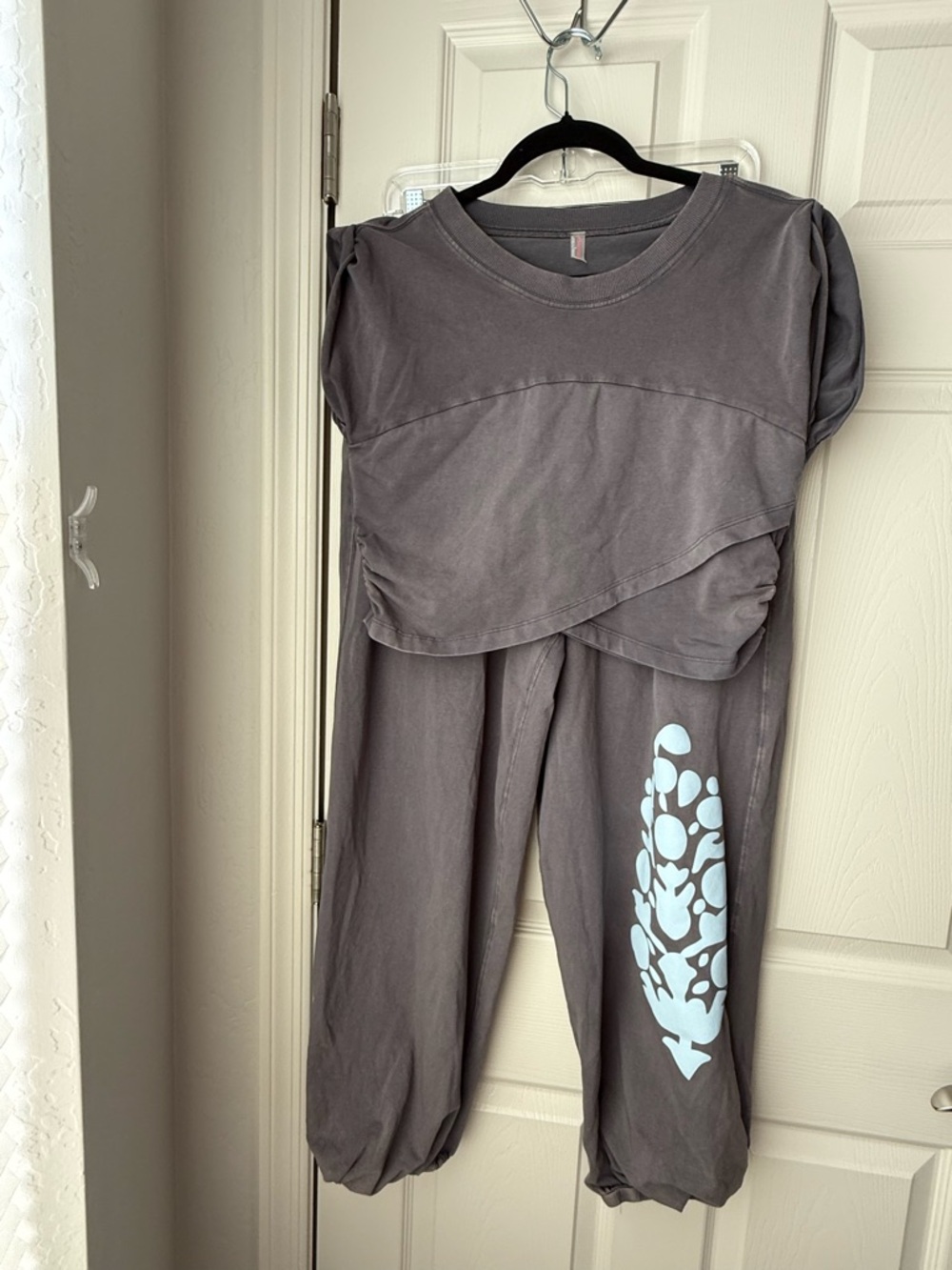 FP Movement by Free People Charcoal Gray Track Pants with Light Blue Graphic